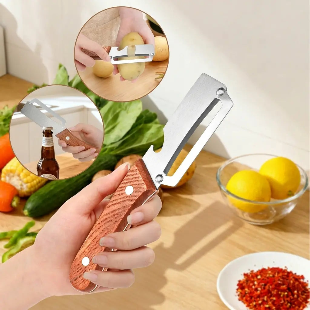 2PCS Wooden-Handled Vegetable & Fruit Peeler - Stainless Steel Blade with Built-In Bottle Opener, Ergonomic Kitchen Tool